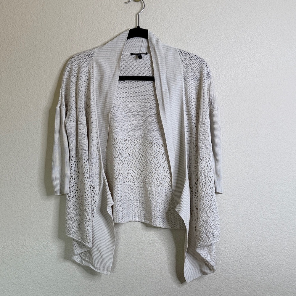 Eileen Fisher silk crocheted waterfall cardigan small oatmeal